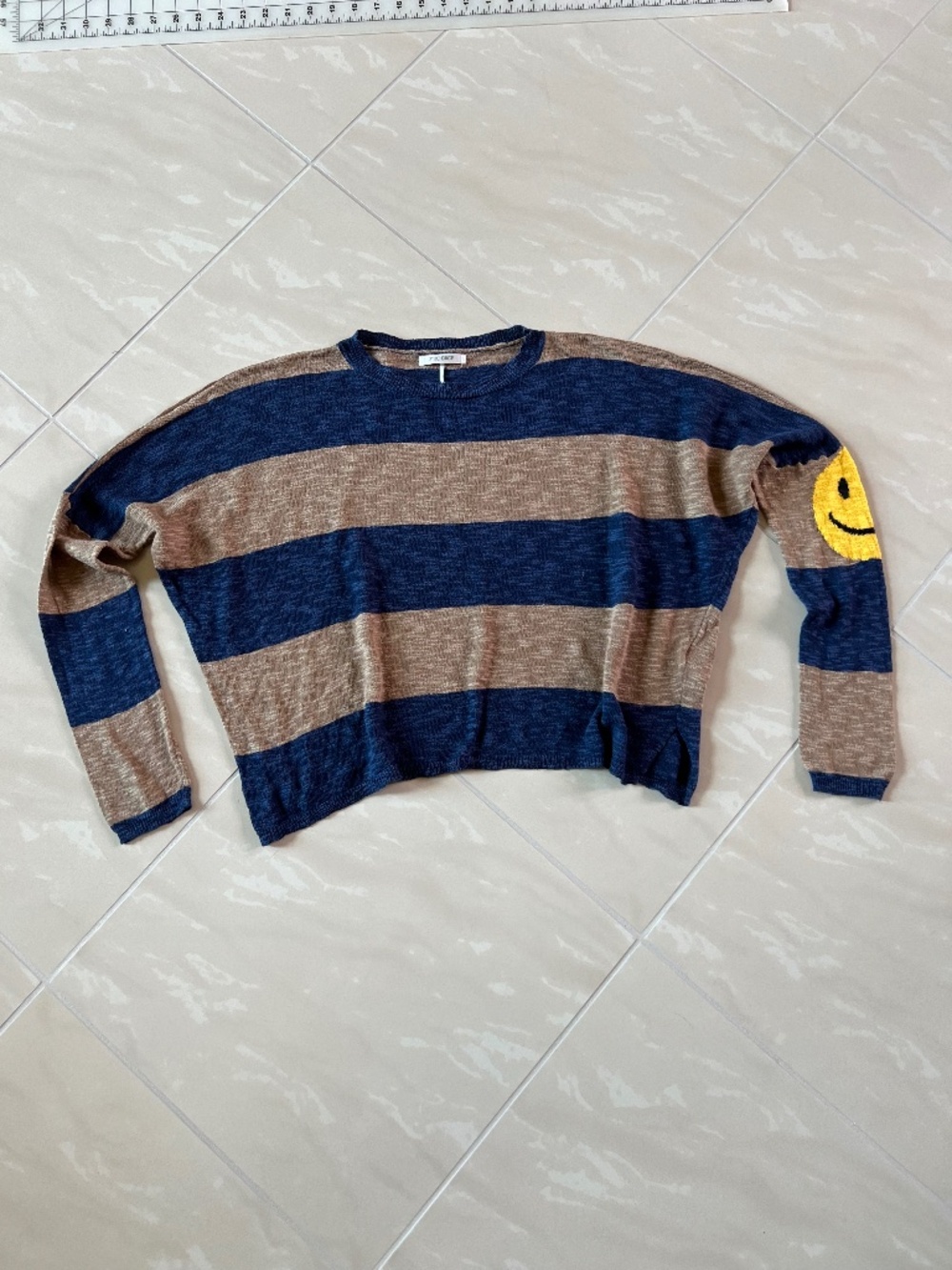 #2943 StitchDrop Smiley Face Navy Brown Striped Fun sz Small